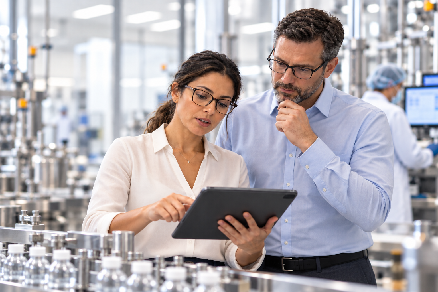 Quality leaders reviewing a consequential GMP decision together on the manufacturing floor